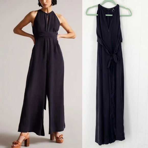 NWT Ted Baker Delvina Halterneck Wide Leg Wrap Tie Jumpsuit Dark Navy Sz 0 US 2 - Picture 1 of 16